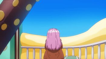 1girl 2025 20s age_progression aged_up animated animated_gif anime_screenshot ass ass_focus belt belt_buckle blue_sky bracelet brown_jacket buckle character_name female_focus huge_ass jacket jewelry jewelry_bonney long_hair midriff one_piece pink_hair shirt short_shorts shorts sitting sky solo suspenders tagme transformation white_shirt