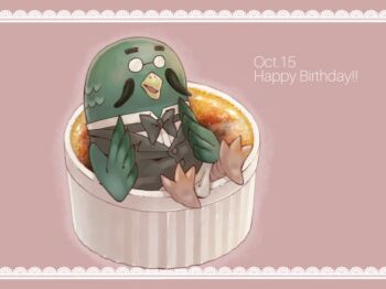 Rule 34 | !, !!, 1boy, animal crossing, apron, bird, bow, bowtie, brewster (animal crossing), dated, facial hair, feathers, formal clothes, glasses, happy birthday, male focus, mustache, nintendo, open mouth, pigeon, sitting, solo, suit, tsutsuji (hello x 2)