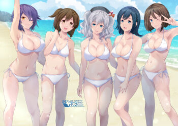 5girls beach bikini blue_eyes blue_hair blue_sky breasts brown_hair cloud day eyepatch feet_out_of_frame grey_hair hiryuu_(kancolle) horizon kantai_collection kashima_(kancolle) large_breasts long_hair map_(blue_catty) matching_outfits maya_(kancolle) medium_breasts multiple_girls ocean official_alternate_hairstyle one_side_up orange_eyes outdoors purple_hair short_hair sky souryuu_(kancolle) standing swimsuit tenryuu_(kancolle) twintails white_bikini