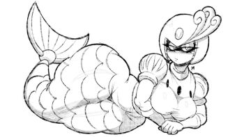 1girl 2025 alternate_breast_size_(larger) artist_logo bored breasts capcom curvy feather_hair_ornament female_focus fins full_body gloves hair_ornament half-closed_eyes helmet juliet_sleeves large_breasts logo long_sleeves looking_at_viewer lying macholor mega_man_(classic) mega_man_(series) mega_man_9 mermaid monster_girl on_side puffy_sleeves robot robot_girl simple_background solo splash_woman tail taut_clothes white_background wide_hips