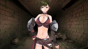 Rule 34 | 1girl, atelier-moo, bare shoulders, belt, belt collar, bikini, bikini top only, breasts, brick floor, brick wall, brown belt, brown eyes, cleavage, clenched hands, closed mouth, collar, cowboy shot, detached sleeves, dungeon, elbow gauntlets, game cg, green hair, hand on own hip, highres, huge breasts, jewelry, large variant set, moss, navel, necklace, non-web source, our battle has just begun!, purple shorts, rock, short hair, short shorts, shorts, standing, swimsuit, taylor (our battle has just begun!), v-shaped eyebrows, variant set