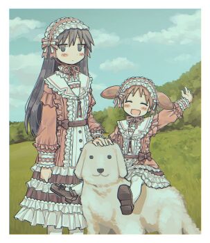 Rule 34 | 2girls, accurate lolita coord, azumanga daiou, black eyes, black hair, blush, brown footwear, brown hair, closed eyes, day, dog, facing viewer, grass, highres, lolita fashion, long hair, long sleeves, looking at viewer, mihama chiyo, multiple girls, open mouth, outdoors, rnfhv, sakaki (azumanga daioh), short hair, short twintails, smile, sweet lolita, tadakichi-san, twintails