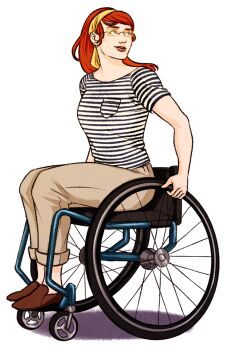 1girl barbara_gordon batman_(series) dc_comics female_focus glasses khaki_pants loafers oracle oracle_(dc) orange_hair shirt shoes sitting solo striped_clothes striped_shirt t-shirt two-tone_stripes wheelchair yasmin_liang