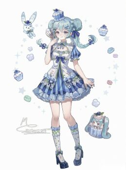 Rule 34 | 1girl, aqua hair, blue bow, blue bowtie, blue eyes, blue nails, blue skirt, blueberry, bow, bowtie, braid, chibi, commentary request, cupcake, dated, double bun, dress, fingernails, food, frilled skirt, frilled sleeves, frills, fruit, full body, hair bun, hair ornament, hair ribbon, hairclip, hand up, hatsune miku, high heels, highres, holding, holding whisk, knees, lace, lace-trimmed dress, lace trim, looking at viewer, macaron, memory mie, nail polish, puffy short sleeves, puffy sleeves, ribbon, shirt, short sleeves, signature, simple background, skirt, socks, solo, standing, striped clothes, striped shirt, tongue, tongue out, twin braids, twintails, vertical-striped clothes, vertical-striped shirt, vocaloid, whisk, white background, white socks
