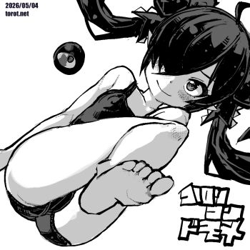 1girl ahoge ass backbeako_(torotei) backbeard bare_arms bare_legs barefoot blush closed_mouth commentary dated dated_commentary dutch_angle feet gegege_no_kitarou greyscale hair_over_one_eye hair_ribbon kono_lolicon_domome legs long_hair looking_at_viewer monochrome one-piece_swimsuit original paid_reward_available pointy_ears ribbon school_swimsuit simple_background sitting smile soles solo swimsuit toes torotei translated twintails watermark web_address white_background