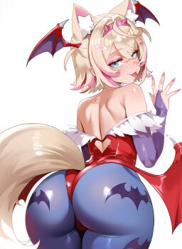 1girl 2025 absurdres against_wall animal_ear_fluff animal_ears animal_print arched_back arms_up ass ass_focus back backless_leotard bat_print bat_wings blonde_hair blue_eyes blue_pantyhose blush breasts bridal_gauntlets capcom cleavage clothing_cutout collarbone colored_inner_hair commentary cosplay cowboy_shot darkstalkers demon_girl diamond_cutout dog_ears dog_girl dog_tail english_commentary eyebrows_hidden_by_hair eyeshadow female_focus flat_chest from_behind fur-trimmed_leotard fur_trim fuwawa_abyssgard hair_intakes hair_ornament hairband hairclip half-closed_eyes halloween halloween_costume head_wings heart_cutout highleg highleg_leotard highres hololive hololive_english huge_ass idolmia large_breasts leaning_forward legs_together leotard lilith_(darkstalkers) lilith_(darkstalkers)_(cosplay) looking_at_viewer looking_back low_wings makeup medium_hair multicolored_hair pantyhose pink_eyeshadow pink_hair pink_nails purple_hair red_leotard seductive_smile short_hair shoulder_blades simple_background smile solo spread_fingers standing tail thick_thighs thighs tongue tongue_out virtual_youtuber wedgie white_background wings