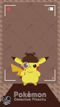 :3 battery_indicator brown_hat closed_mouth deerstalker detective_pikachu_(character) detective_pikachu_(series) full_body gen_1_pokemon hat highres holding holding_magnifying_glass looking_at_viewer magnifying_glass meme_(sleepsheep) nintendo no_humans pikachu pikachu_tail pokemon pokemon_(creature) pokemon_focus pokemon_tail recording tail viewfinder