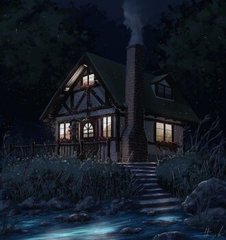 chimney commentary english_commentary highres house mixed-language_commentary night no_humans original oubachiago procreate_(medium) railing scenery signature smoke stairs stream tree water