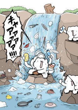 ._. 3boys absurdres afterimage bottle boulder bowl bowl_stack bubble cliff commentary cup dish_rack dishwashing dishwashing_soap fish fishing fishing_rod fork glass_bottle highres holding holding_bottle holding_bowl holding_fork holding_sponge karameru karameru_(character) knife log mug multiple_boys open_mouth original outdoors plate river rubber_duck shouting speech_bubble sponge spoon squirting_liquid teapot translated water waterfall whiskers