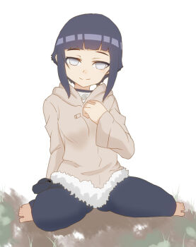 1girl barefoot black_hair black_pants closed_mouth feet female_focus forehead_protector full_body fur-trimmed_jacket fur_trim grey_jacket headband_around_neck hiedanotsukai hyuuga_hinata hyuuga_hinata_(genin) jacket konohagakure_symbol long_sleeves looking_at_viewer naruto_(classic) naruto_(series) no_pupils pants short_hair sidelocks simple_background sitting smile solo thighs toes wariza white_background