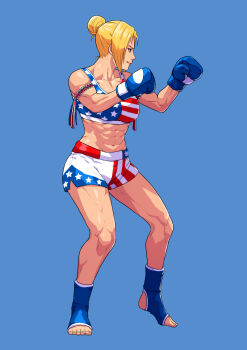 Rule 34 | 1girl, abs, absurdres, american flag, american flag bra, american flag print, american flag shorts, armband, blonde hair, blue background, blue eyes, boxer, boxers, boxing gloves, bra, cirenk, collarbone, commission, elizabeth (rairyu), feet, fighting stance, flag print, hair bun, highres, looking to the side, male underwear, midriff, muscular, muscular female, original, ponytail, shiny skin, shorts, simple background, smile, solo, sports bra, standing, standing on one leg, thighs, toeless legwear, toes, underwear