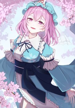 Rule 34 | 1girl, blue hat, blue kimono, blue ribbon, breasts, cherry blossoms, commentary, flower, frilled kimono, frills, hat, highres, japanese clothes, kimono, long sleeves, looking at viewer, luuu u u, mob cap, neck ribbon, open mouth, petal print, pink eyes, pink flower, pink hair, print kimono, ribbon, saigyouji yuyuko, sleeve garter, smile, solo, touhou, triangular headpiece, wide sleeves