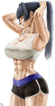 Rule 34 | 1girl, abs, absurdres, alternate breast size (larger), armpits, arms up, black hair, black shorts, blunt bangs, breasts, cleavage, closed eyes, closed mouth, commentary, cowboy shot, dated, english commentary, from side, gym shorts, hair intakes, highres, hololive, hololive english, huge breasts, lips, long hair, navel, ouro kronii, redrawn, shorts, solo, sports bra, sportswear, steb, stomach, sweat, toned, toned female, tying hair, veins, veiny legs, very long hair, virtual youtuber, white sports bra