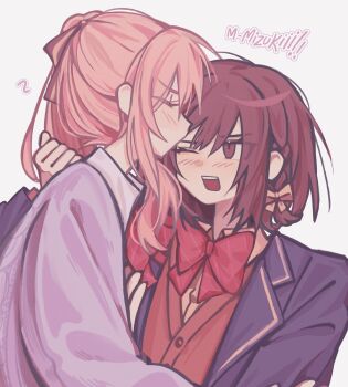 1girl 1other ^_^ akiyama_mizuki blazer blue_jacket blush bow bowtie braid brown_bow brown_cardigan brown_eyes brown_hair cardigan closed_eyes collared_shirt commentary diagonal-striped_bow diagonal-striped_bowtie diagonal-striped_clothes eyes_visible_through_hair facing_another film_grain grey_background hair_between_eyes hair_bow hand_up high_side_ponytail highres jacket kamiyama_high_school_uniform_(project_sekai) kiss kissing_forehead lapels layered_sleeves long_hair long_sleeves looking_at_another luwwakk one_eye_closed open_clothes open_jacket open_mouth other_with_female pink_hair profile project_sekai puffy_long_sleeves puffy_sleeves purple_sweater red_bow red_bowtie school_uniform shinonome_ena shirt short_hair side_braid side_ponytail sidelocks simple_background single_braid striped_bow striped_bowtie striped_clothes sweater upper_body v-shaped_eyebrows yellow_bow yellow_shirt