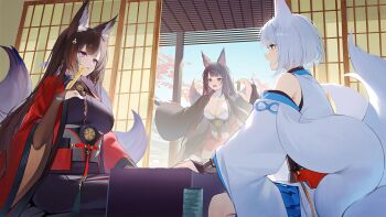 3girls akagi_(azur_lane) amagi_(azur_lane) animal_ears azur_lane board_game cherry_blossoms fox_ears fox_girl fox_tail game_cg highres japanese_clothes kaga_(azur_lane) kaga_(battleship)_(azur_lane) kimono multiple_girls non-web_source official_art sakura_empire_(emblem) shogi tail tatami worried