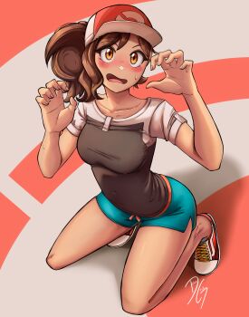 Rule 34 | 1girl, absurdres, baseball cap, black shirt, blue shorts, blush, breasts, brown eyes, brown hair, commentary, dilan griz, elaine (pokemon), english commentary, hands up, hat, highres, kneeling, looking at viewer, medium breasts, nintendo, open mouth, parted bangs, pokemon, pokemon lgpe, pokemon tcg, red hat, red shoes, shirt, shoes, short hair, short shorts, short sleeves, shorts, small sweatdrop, solo