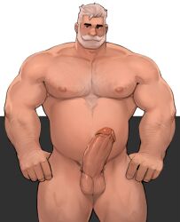 Rule 34 | 1boy, arms at sides, bara, beard, beard over mouth, belly, completely nude, cowboy shot, dopey (dopq), erection, facial hair, full beard, girthy penis, hairy, highres, large pectorals, looking at viewer, male focus, mature male, muscular, muscular male, navel hair, nipples, nude, old, old man, original, paid reward available, pectorals, penis, plump, pubic stubble, short hair, solo, sparse arm hair, sparse chest hair, thick beard, thick eyebrows, thick mustache, thighs together, uncensored, white hair