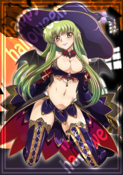 1girl bat_wings boots breasts c.c. cleavage code_geass commentary_request detached_sleeves fangs green_hair happy_halloween hat highres kaname_aomame long_hair long_sleeves looking_at_viewer navel pelvic_curtain pink_lips pointy_ears shiny_skin smile solo thigh_boots wide_sleeves wings witch_hat yellow_eyes
