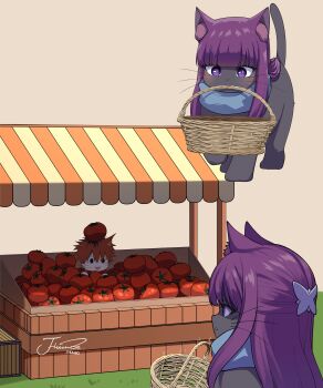 absurdres animal animal_focus animal_with_hair animalization basket brown_background cat clothed_animal commentary fern_(sousou_no_frieren) food grass highres j_humbo long_hair no_humans purple_eyes purple_hair scarf signature simple_background sousou_no_frieren stark_(sousou_no_frieren) symbol-only_commentary tomato