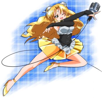 00s 1girl bad_id bad_pixiv_id bindi blonde_hair breasts bridal_gauntlets broccoli_(company) brown_eyes elbow_gloves female_focus fingerless_gloves full_body galaxy_angel gauntlet_style_gloves gloves high_heels jumping microphone nyama one_eye_closed ranpha_franboise see-through_clothes shoes skirt solo sweat vintage_microphone wink