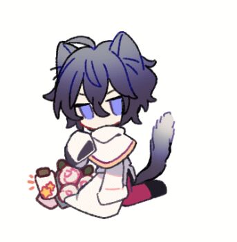 ahoge animal_ears animated animated_gif blinking blue_eyes blue_hair blue_tail blush capelet cat_ears cat_tail chinese_commentary commentary_request deformed ear_wiggle flower hatsutori_hajime ikunsleep kemonomimi_mode long_sleeves lowres pants red_pants rose saibou_shinkyoku short_hair simple_background sitting sleeves_past_fingers sleeves_past_wrists speech_bubble star_(symbol) tail thought_bubble uniform utsugi_noriyuki white_background white_capelet white_flower white_rose