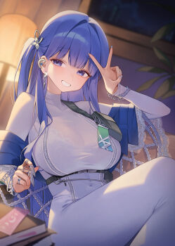 1girl arcana_(nikke) blue_eyes blue_hair blush bra_visible_through_clothes breast_zipper breasts claws dress goddess_of_victory:_nikke hair_intakes highres indoors large_breasts long_hair looking_at_viewer s0104y see-through_silhouette silver_nails sitting smile solo tight_clothes tight_dress turtleneck turtleneck_dress v very_long_hair white_dress zipper_dress