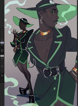 1girl 8-ball art_program_in_frame artist_name belt black_dress black_hair black_hat bracelet breasts cigarette_holder cleavage colored_smoke commentary dark-skinned_female dark_skin dress earrings english_commentary eyeshadow frown gradient_socks green_eyeshadow green_hat green_lips green_trim hat highres homestuck humanization indigonite jewelry lapels looking_at_viewer makeup medium_breasts multiple_bracelets multiple_piercings multiple_rings multiple_views necklace notched_lapels ring short_dress short_hair shoulder_pads smoke snowman_(homestuck) very_dark_skin