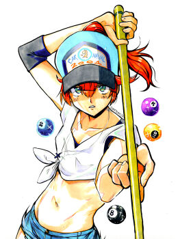 1girl 2023 absurdres aqua_hat artist_name ball baseball_cap billiard_ball blue_sports_bra blush collarbone cross cross_necklace cue_stick dated denim denim_shorts elbow_sleeve english_text eudetenis fingernails green_eyes hair_between_eyes hat highres holding jewelry looking_at_viewer navel necklace orange_hair original parted_lips ponytail shirt short_shorts short_sleeves shorts simple_background solo sports_bra stomach_day tied_shirt tomboy toned toned_female traditional_media v-shaped_eyebrows white_background white_shirt