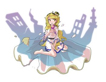 1girl alphes_(style) barefoot between_legs black_hairband blonde_hair blush breasts clam_shell_ornament collarbone commentary_request dairi defeat dress fossilized_wonders frilled_sleeves frills full_body hairband hand_between_legs hand_on_own_chest highres large_variant_set long_hair medium_breasts parody side_slit solo style_parody tachi-e torn_clothes touhou transparent_background variant_set very_long_hair watari_nina wavy_hair white_dress wide_sleeves