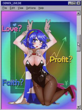 1girl absurdres blue_eyes breasts cape cleavage double_v english_text hairband high_heels highres kneeling large_breasts looking_at_viewer microsoft_windows open_mouth pantyhose pink_shoes purple_hair rainbow_hairband shoes short_hair sleepymoon smile solo taskbar tenkyuu_chimata touhou v vaporwave window_(computing) windows_95 windows_classic wrist_cuffs