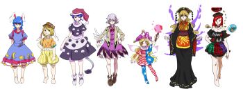 6+girls american_flag_dress american_flag_legwear animal_ears arm_up aura bare_legs bare_shoulders barefoot beige_jacket black_capelet black_choker black_dress black_footwear black_shirt blob blonde_hair blue_dress blue_eyes blue_hair book brown_headwear newsboy_cap capelet chain choker closed_eyes clownpiece doremy_sweet dress earth_(ornament) everyone feathers food hat hecatia_lapislazuli high_heels highres holding holding_food jacket jester_cap junko_(touhou) kine kishin_sagume legacy_of_lunatic_kingdom long_hair long_sleeves looking_at_viewer mallet midriff_peek miniskirt moon moon_(ornament) multicolored_skirt multiple_girls navel nightcap no_shoes off-shoulder_shirt off_shoulder open_mouth orange_shirt outstretched_arms pantyhose puffy_short_sleeves puffy_sleeves purple_dress rabbit_ears red_eyes red_hair red_headwear ringo_(touhou) seiran_(touhou) shirt short_dress short_hair short_sleeves shorts silver_hair simple_background single_wing skirt smile socks stomach t-shirt tabard tail tapir_tail thighs touhou white_background white_dress white_legwear wide_sleeves wings yellow_shorts yutarou