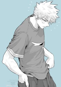 Rule 34 | 1boy, absurdres, bakugou katsuki, boku no hero academia, closed mouth, commentary, cowboy shot, crew neck, facial scar, greyscale with colored background, hand in pocket, highres, looking down, male focus, multiple scars, oroshi mi, pants, print shirt, scar, scar on arm, scar on cheek, scar on face, shirt, short hair, solo, spiked hair, symbol-only commentary, t-shirt, watermark