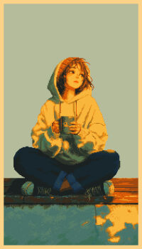 1girl beanie border brown_hair commentary converse cup drawstring english_commentary evening expressionless hat holding holding_cup hood hood_up hoodie indian_style lips messy_hair mug original outdoors pants pixel_art pixellquests shoes sitting solo streetwear white_hoodie yellow_border