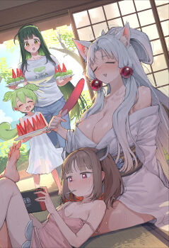 4girls ^_^ absurdres bare_shoulders blush breasts brown_hair camisole cleavage closed_eyes collarbone commentary_request dress food fruit green_hair grey_hair hand_fan handheld_game_console highres holding holding_fan holding_handheld_game_console hot ie_(raarami) japanese_clothes kimono large_breasts long_hair lying mouth_hold multiple_girls nintendo_switch obi off_shoulder on_back open_mouth pink_camisole red_eyes sash shirt short_hair siblings sisters sitting sleeveless sleeveless_dress small_breasts summer sweat touhoku_itako touhoku_kiritan touhoku_zunko voiceroid wariza watermelon watermelon_slice white_dress white_kimono white_shirt yellow_eyes zundamon