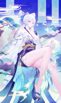 1girl absurdres blue_bow bow breasts check_copyright chinese_commentary commentary_request copyright_request earrings fingernails hair_bow highres japanese_clothes jewelry jianshu kimono large_breasts long_fingernails long_hair nail_polish okobo orange_eyes original parted_lips platform_sandals purple_nails red_eyes sandals single_off_shoulder sitting solo toenail_polish toenails toes white_hair white_kimono