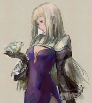 1girl bravely_default_(series) bravely_second:_end_layer breasts cleavage cleavage_cutout clothing_cutout dress flower frills gloves grey_hair holding holding_flower long_hair magnolia magnolia_arch o0j_yo purple_dress red_eyes short_bangs side_slit solo