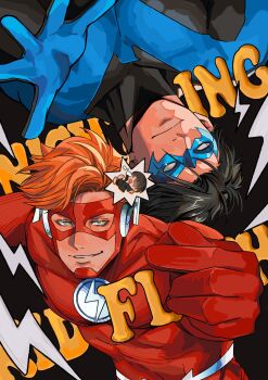 2boys black_bodysuit black_hair blue_bodysuit bodysuit character_name dc_comics dick_grayson domino_mask doufujintianxianle eye_mask highres kid_flash large_pectorals male_focus mask multicolored_bodysuit multiple_boys muscular muscular_male nightwing orange_hair pectorals red_bodysuit short_hair smile superhero_costume two-tone_bodysuit wally_west young_justice