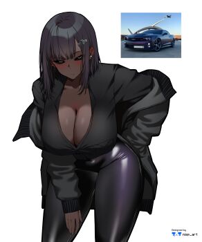 1girl absurdres artist_name black_hair black_jacket black_pants black_sclera black_shirt breasts chevrolet_camaro chevrolet_camaro_(5th_generation) cleavage closed_mouth colored_sclera dark-skinned_female dark_skin highres huge_breasts humanization jacket latex_pants leaning_forward looking_at_viewer nisp_art original pants photo_inset reference_inset shirt solo