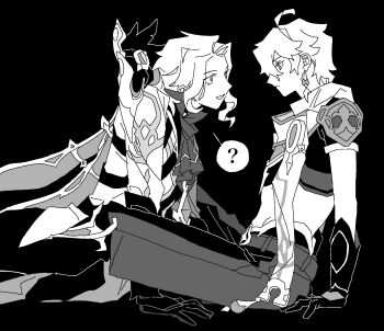 Rule 34 | 2boys, ?, aether (genshin impact), ahoge, arm armor, armor, ascot, baggy pants, belt, boots, braid, cape, closed mouth, crazy, crazy eyes, crazy smile, dottore (genshin impact), earrings, feet out of frame, genshin impact, gloves, greyscale, hair between eyes, highres, jacket, jewelry, long hair, long sleeves, looking at another, low-braided long hair, low-tied long hair, male focus, medium hair, midriff, monochrome, multiple boys, open mouth, pants, scarf, shirt, short sleeves, shoulder armor, sidelocks, simple background, single braid, single earring, sitting, smile, speech bubble, spoken question mark, star (symbol), wavy hair, wide-eyed, yotta701