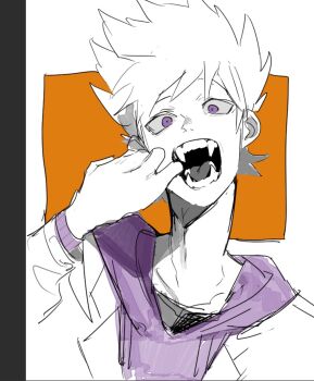 1boy animification drawstring eddsworld fangs highres hood hood_down hoodie jacket looking_at_viewer male_focus matt_(eddsworld) mooottiiii mouth_pull open_clothes open_jacket open_mouth purple_eyes purple_hoodie short_hair simple_background solo spiked_hair spot_color upper_body