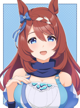 1girl animal_ears bare_shoulders blue_dress blue_eyes blue_scarf blush bow braid breasts brown_hair cleavage dress ear_bow ear_ribbon hair_between_eyes horse_ears horse_girl large_breasts long_hair looking_at_viewer multicolored_hair open_mouth scarf shiromaru_illust simple_background smile solo streaked_hair super_creek_(murmuring_stream)_(umamusume) super_creek_(umamusume) umamusume upper_body very_long_hair white_hair