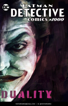Rule 34 | 1boy, abstract background, absurdres, artist name, batman (series), black background, close-up, clown, comic cover, commentary, company logo, dc comics, email address, english commentary, english text, facepaint, green hair, hair dye, highres, instagram username, juxtaposition, logo, looking at viewer, makeup, male focus, polar opposites, portrait, short hair, signature, smile, solo, split crop, symmetry, the joker, thumbnail collage, viktor farro, western comics (style), white facepaint