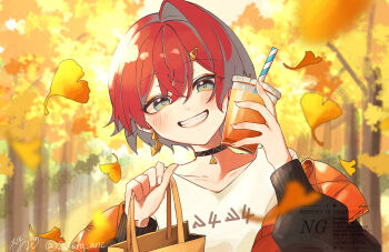 1girl ange_katrina ange_katrina_(casual) autumn autumn_leaves bag black_choker black_jacket blurry blurry_background blush brown_bag choker collarbone commentary_request crossed_bangs cup day disposable_cup drink drinking_straw falling_leaves grey_eyes grin hair_between_eyes hair_ornament hairclip hands_up head_tilt highres holding holding_bag holding_cup jacket leaf long_sleeves looking_at_viewer nijisanji off_shoulder open_clothes open_jacket orange_jacket outdoors pendant_choker red_hair sakura_anc shirt short_hair single_hair_intake smile solo tree twitter_username two-sided_fabric two-sided_jacket upper_body virtual_youtuber watermark white_shirt