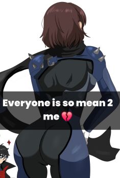 Rule 34 | 1boy, 1girl, amamiya ren, ass, biker clothes, bikesuit, black coat, black hair, black scarf, blue bodysuit, bodysuit, braid, breasts, brown hair, coat, crown braid, domino mask, eye mask, from behind, gloves, highres, joker (persona 5), karbuitt, long scarf, mask, niijima makoto, persona, persona 5, queen (persona 5), red gloves, scarf, short hair, shoulder spikes, spikes, metal mask, white mask