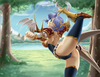 1girl ;p absurdres anander0 armor armored_boots ass bikini_armor blue_sky boots bracer breasts cameltoe castle claw_(weapon) cloud commentary commission commissioner_upload day english_commentary flexible forest grass groin high_heels highleg highleg_leotard highres holding_own_leg lake langrisser langrisser_ii leg_hold leg_up leotard looking_at_viewer nature one_eye_closed outdoors pauldrons revealing_clothes sherry_(langrisser) shoulder_armor sky solo standing standing_on_one_leg strapless strapless_leotard stretching thighhighs thighs thong_leotard tiara tomboy tongue tongue_out tree vambraces weapon wrist_blades