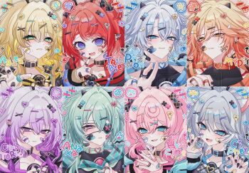 3boys 5girls @_@ aglaea_(honkai:_star_rail) anaxa_(honkai:_star_rail) aqua_collar aqua_eyes aqua_hair bandaid bandaid_on_cheek bandaid_on_face bandaid_on_hand black_choker black_collar black_nails black_shirt blonde_hair blue_eyes blush bow braid castorice_(honkai:_star_rail) choker collar cross_hair_ornament fake_horns fang fire_emblem fire_emblem_cipher gradient_hair grey_hair hair_bow hair_ornament hairclip heart heart_hair_ornament highres honkai:_star_rail honkai_(series) horns hyacine_(honkai:_star_rail) long_hair long_sleeves medium_hair multicolored_hair multiple_boys multiple_girls mydei_(honkai:_star_rail) neckerchief nintendo open_mouth orange_hair phainon_(honkai:_star_rail) pill_hair_ornament pink_hair purple_eyes purple_hair red_collar red_hair shirt smile tattoo touyu_1210 tribbie_(honkai:_star_rail) white_collar white_hair x_hair_ornament yellow_eyes