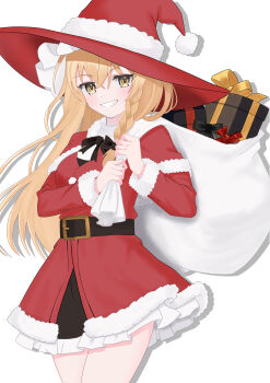 1girl absurdres alternate_costume alternate_headwear black_bow black_bowtie blonde_hair blush bow bowtie box braid breasts christmas commentary_request dress fur-trimmed_dress fur-trimmed_sleeves fur_trim gift gift_box grin hair_bow hat highres holding holding_sack kirisame_marisa long_hair long_sleeves looking_at_viewer red_hat sack santa_costume santa_dress shadow side_braid simple_background single_braid smile solo tinatama touhou very_long_hair white_background witch_hat yellow_eyes