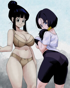 Rule 34 | 2girls, ass, black eyes, black hair, blue eyes, blush, bra, breasts, chi-chi (dragon ball), cleavage, dragon ball, embarrassed, gym shorts, happy, inker comics, large breasts, multiple girls, navel, panties, shorts, smile, thick thighs, thighs, underwear, undressing, videl