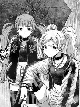 2girls choker closed_mouth collarbone earrings emily_stewart fingernails greyscale hakozaki_serika highres holding holding_umbrella idolmaster idolmaster_million_live! idolmaster_million_live!_theater_days jacket jewelry knee_up letterman_jacket long_hair long_sleeves looking_at_viewer matcha_kingyo monochrome multiple_girls nail_polish necklace official_alternate_costume open_clothes open_jacket ring serious shorts sitting standing striped_clothes striped_thighhighs sukajan_gyarus_(idolmaster) tank_top thighhighs twintails umbrella vertical-striped_clothes vertical-striped_thighhighs
