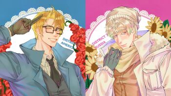 2boys ahoge axis_powers_hetalia beanie blonde_hair blue_eyes brothers collared_shirt flower formal_clothes fur-trimmed_jacket fur_trim glasses gloves grey_hair hat highres jacket looking_at_viewer male_focus multiple_boys necktie one_eye_closed open_mouth purple_eyes salute scarf sheepgooo shirt short_hair siblings smile split_screen suit two-finger_salute upper_body